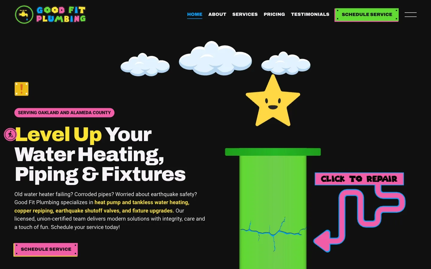 Good Fit Plumbing homepage with cartoon clouds, a green warp pipe cracked down the middle, and the headline Level Up Your Water Heating, Piping and Fixtures.